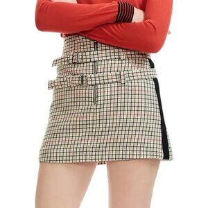 Maje Ioldi Checkered High Rise Belted A-Line Mini Skirt